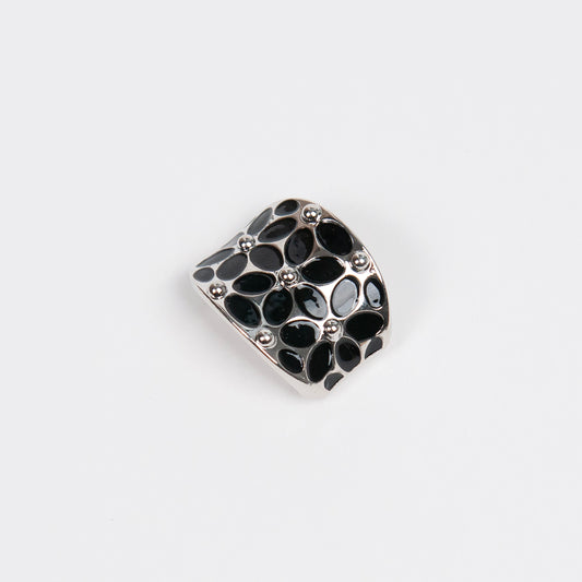 916686 Skjerf ring - Emaljeprintet skjerfring med blomster - sølv/svart
