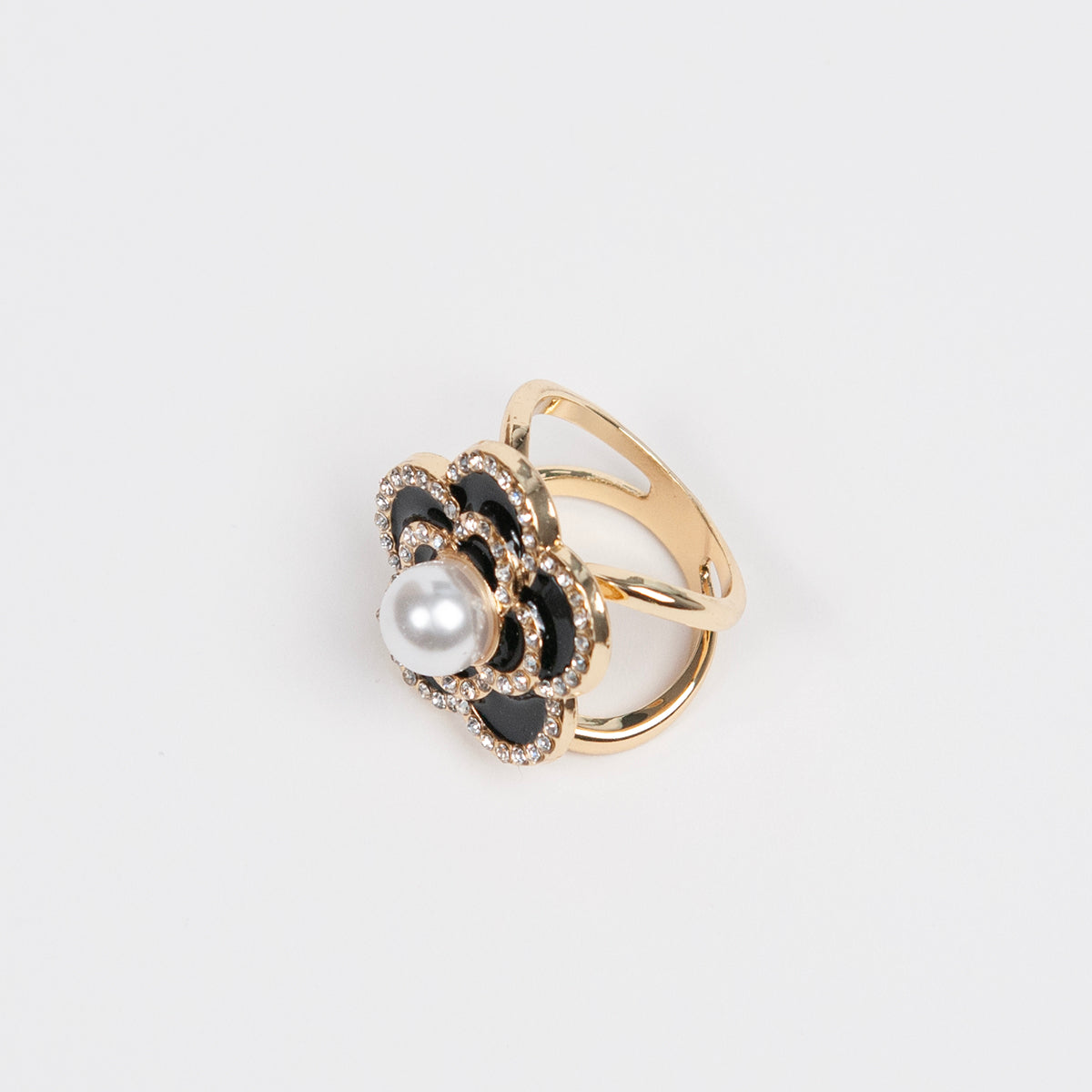 916701 Skjerf ring - Emaljeprintet skjerfring med strass stener og perle - svart/gull