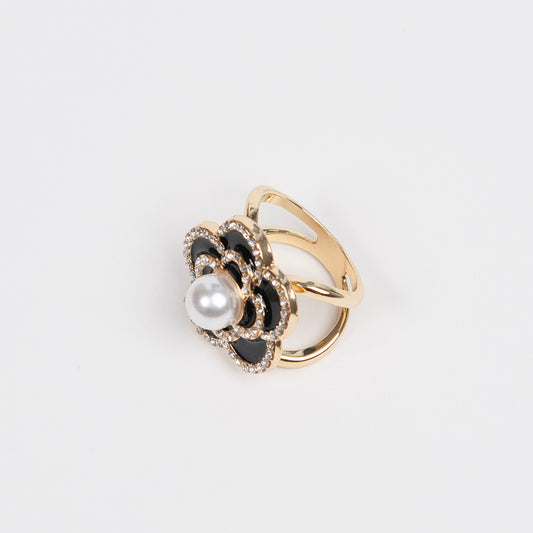 916701 Skjerf ring - Emaljeprintet skjerfring med strass stener og perle - svart/gull