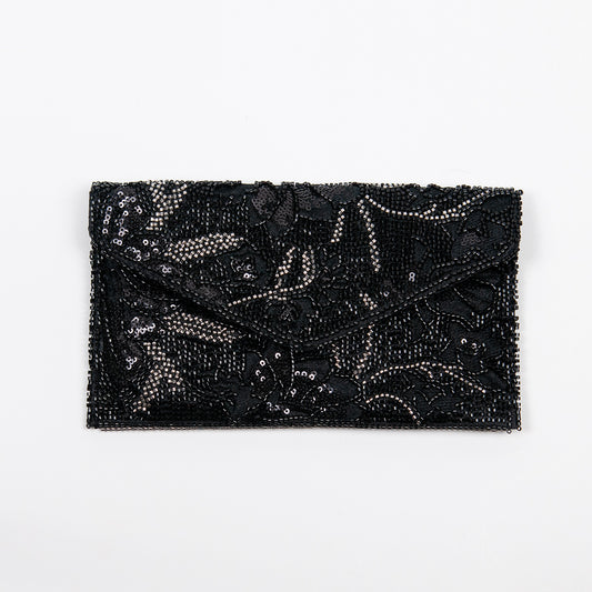 917501 Veske, Selskapsveske myk clutch med perlebroderi - svart