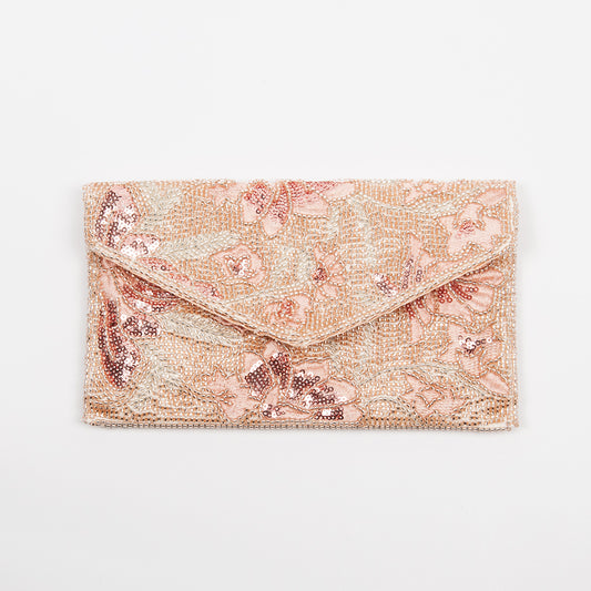 917536 Veske, Selskapsveske myk clutch med perlebroderi - rosegull