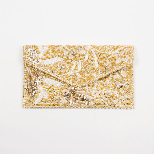 917562 Veske, Selskapsveske myk clutch med perlebroderi - gull