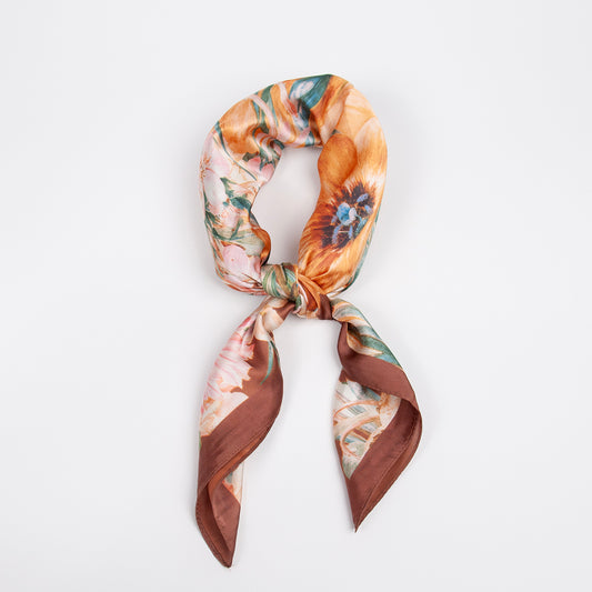 919411  Skjerf, Lite skjerf fargerikt blomsterprint - brun