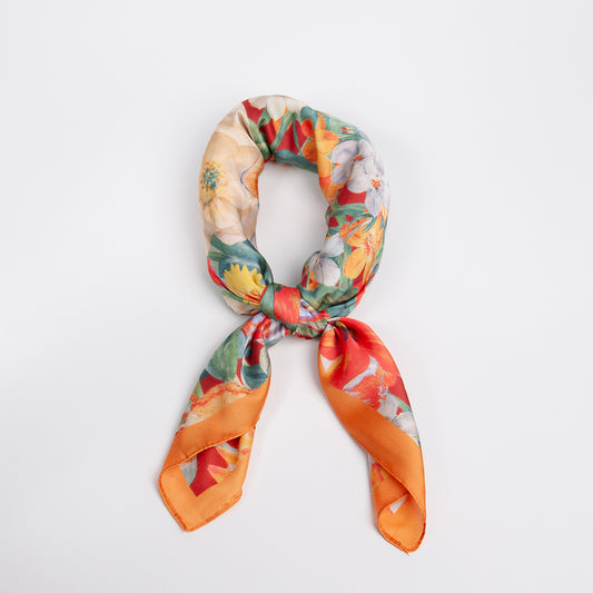 919470  Skjerf, Lite skjerf fargerikt blomsterprint - mørk orange