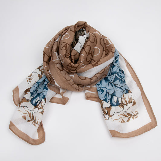925505X  Skjerf, Mykt skjerf 80x180 cm V-print med blomster - beige