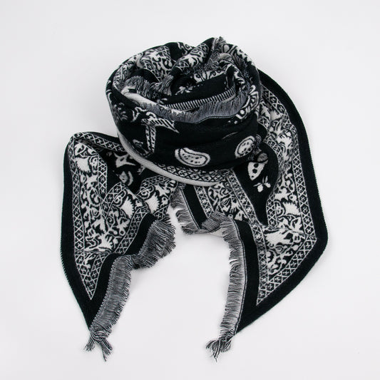 927001  Skjerf, Stort trekant sjal matt kvalitet paisley print - svart