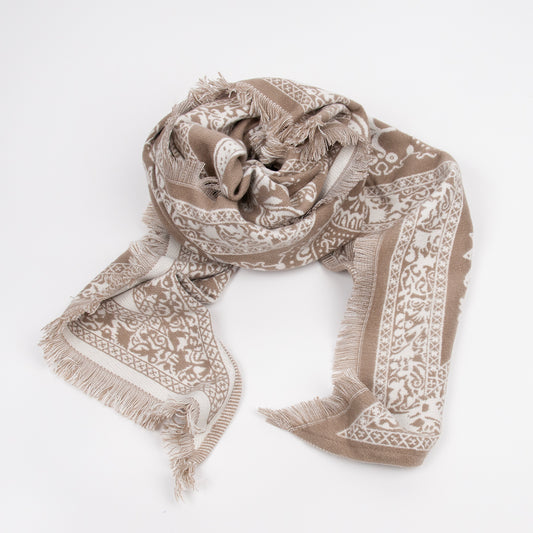 927005  Skjerf, Stort trekant sjal matt kvalitet paisley print - beige