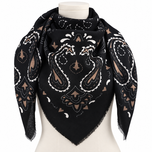 927101 Skjerf, Firkantet viskose/ull paisley skjerf -110 x 110 cm  svart