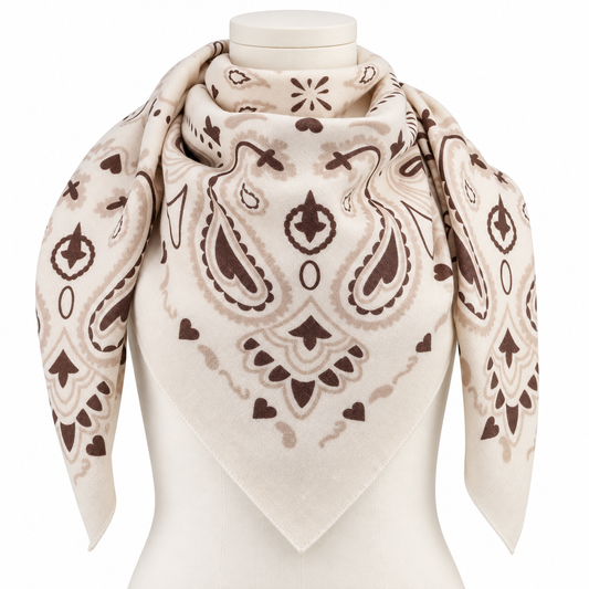 927103 Skjerf, Firkantet viskose/ull paisley skjerf -110 x 110 cm offwhite