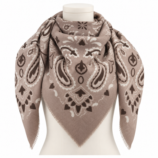 927105 Skjerf, Firkantet viskose/ull paisley skjerf -110 x 110 cm  taupe