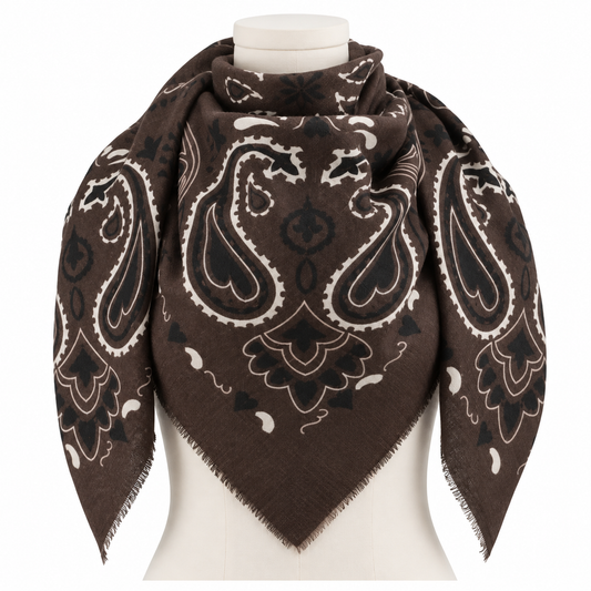 927111 Skjerf, Firkantet viskose/ull paisley skjerf -110 x 110 cm  mørk brun