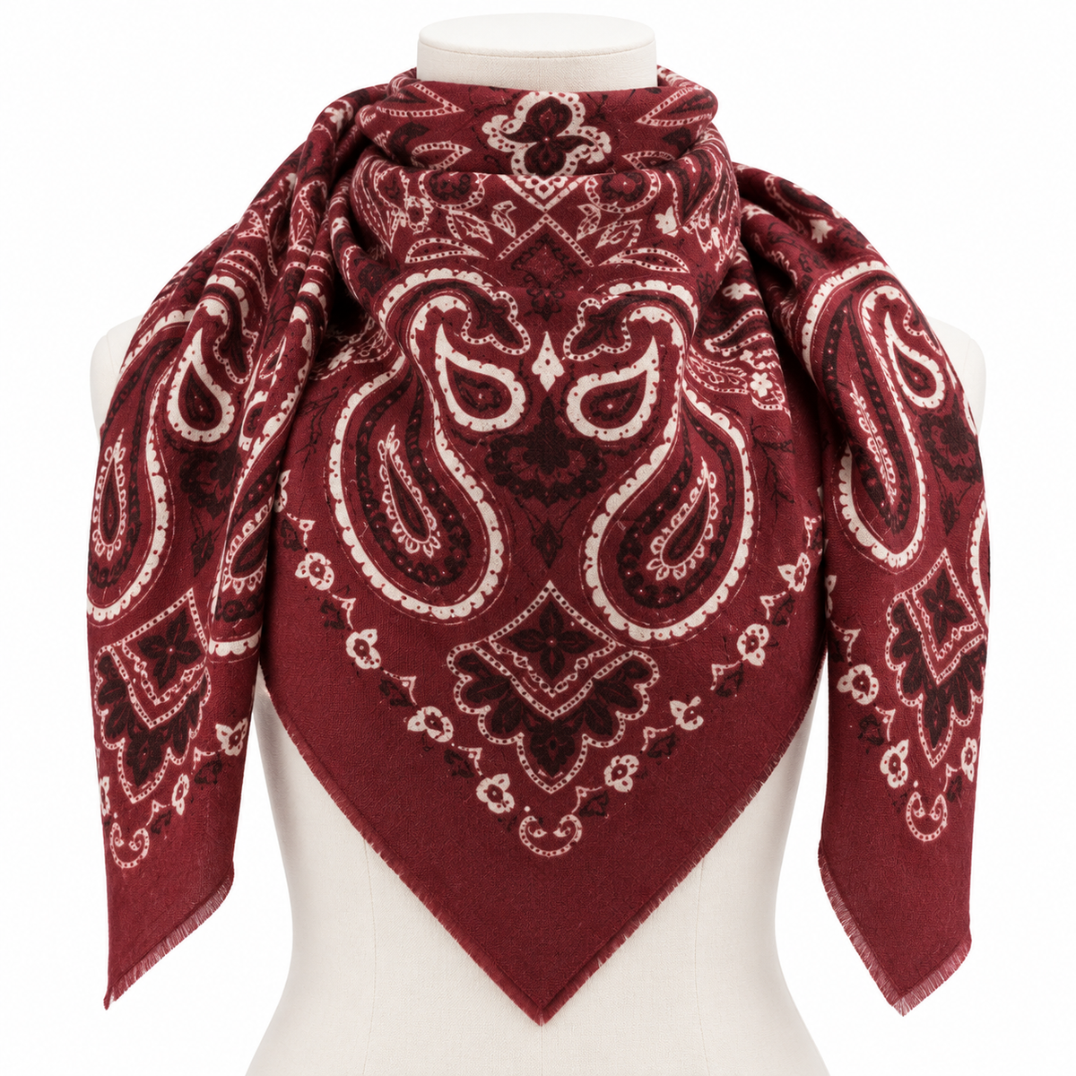 927121 Skjerf, Firkantet viskose/ull paisley skjerf -110 x 110 cm  burgunder