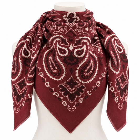 927121 Skjerf, Firkantet viskose/ull paisley skjerf -110 x 110 cm  burgunder