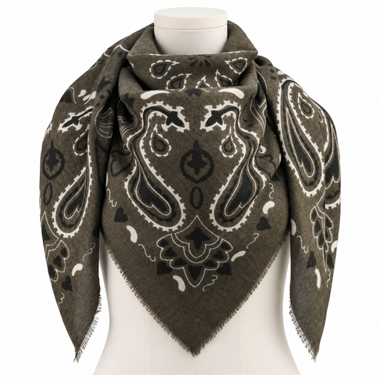 927150 Skjerf, Firkantet viskose/ull paisley skjerf -110 x 110 cm  army grønn