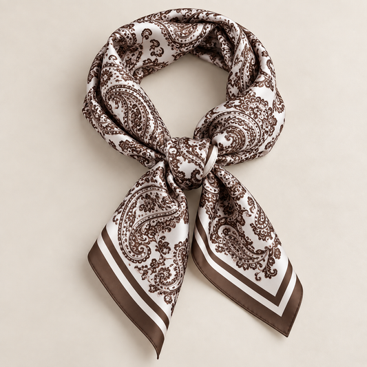 928211  Skjerf, Lite skjerf 70x70 cm paisleyprint med stripet edge - brun/offwhite