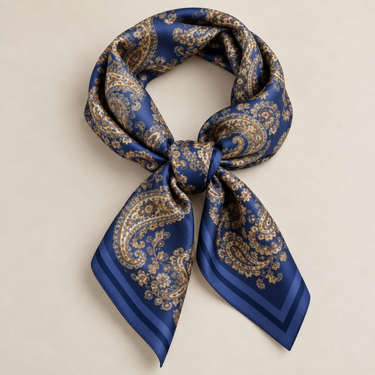 928241  Skjerf, Lite skjerf 70x70 cm paisleyprint med stripet edge - marine
