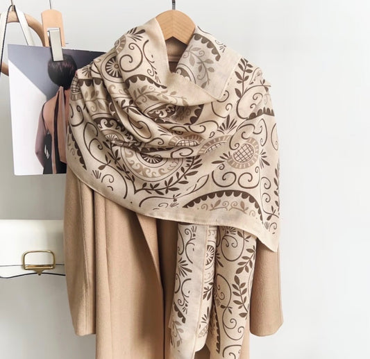 928705  Skjerf,Mykt skjerf 80x180 cm ornament mønster - beige