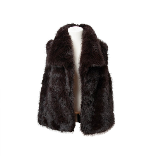 885211 Poncho, Fuskpels vest med stor krage - brun