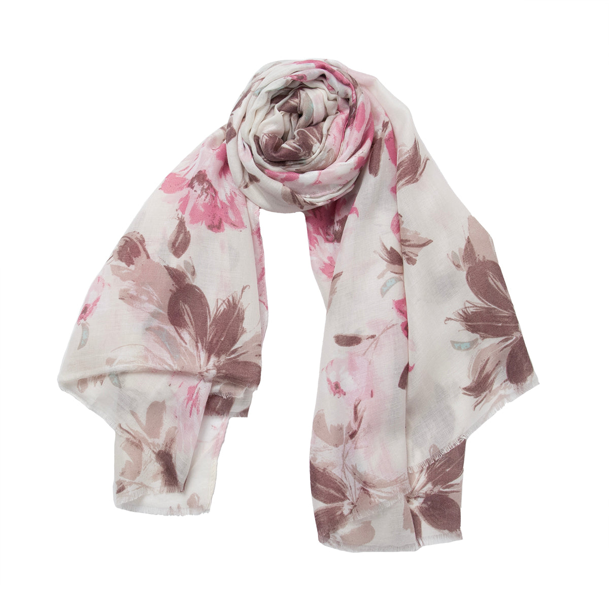 845136 Skjerf, Storblomstret print med duse farger - rosa