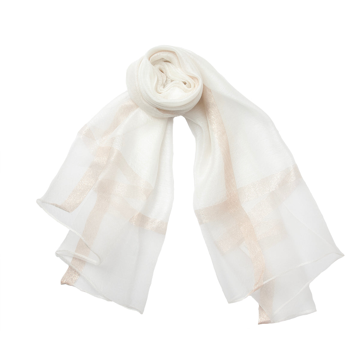 847302 Skjerf , Selskapsjal silkeorganza med gull stripe - hvit