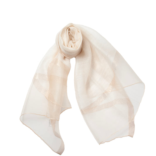 847305 Skjerf , Selskapsjal silkeorganza med gull stripe - beige