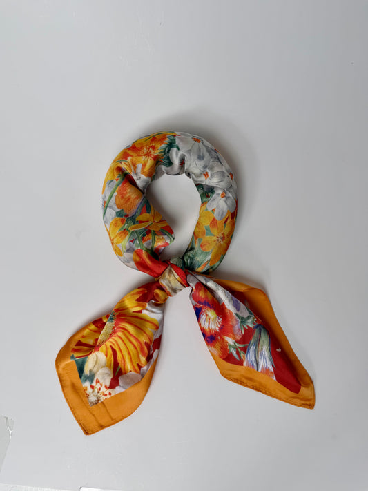 919470  Skjerf, Lite skjerf fargerikt blomsterprint - mørk orange