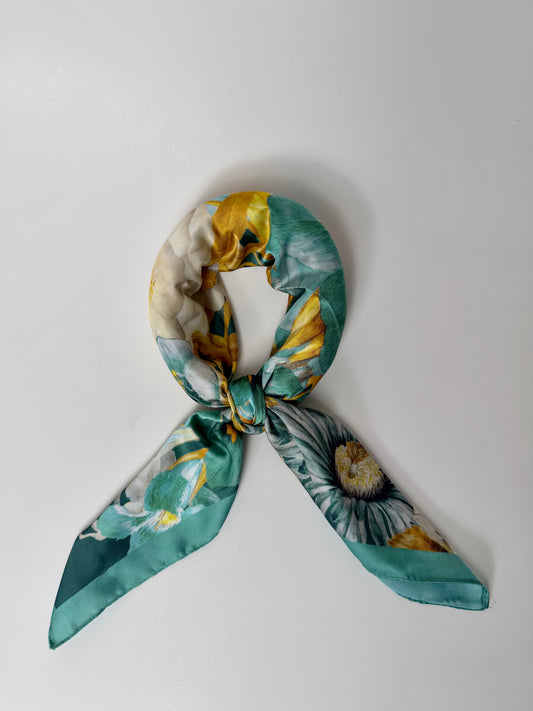 919458  Skjerf, Lite skjerf fargerikt blomsterprint - sjøgrønn
