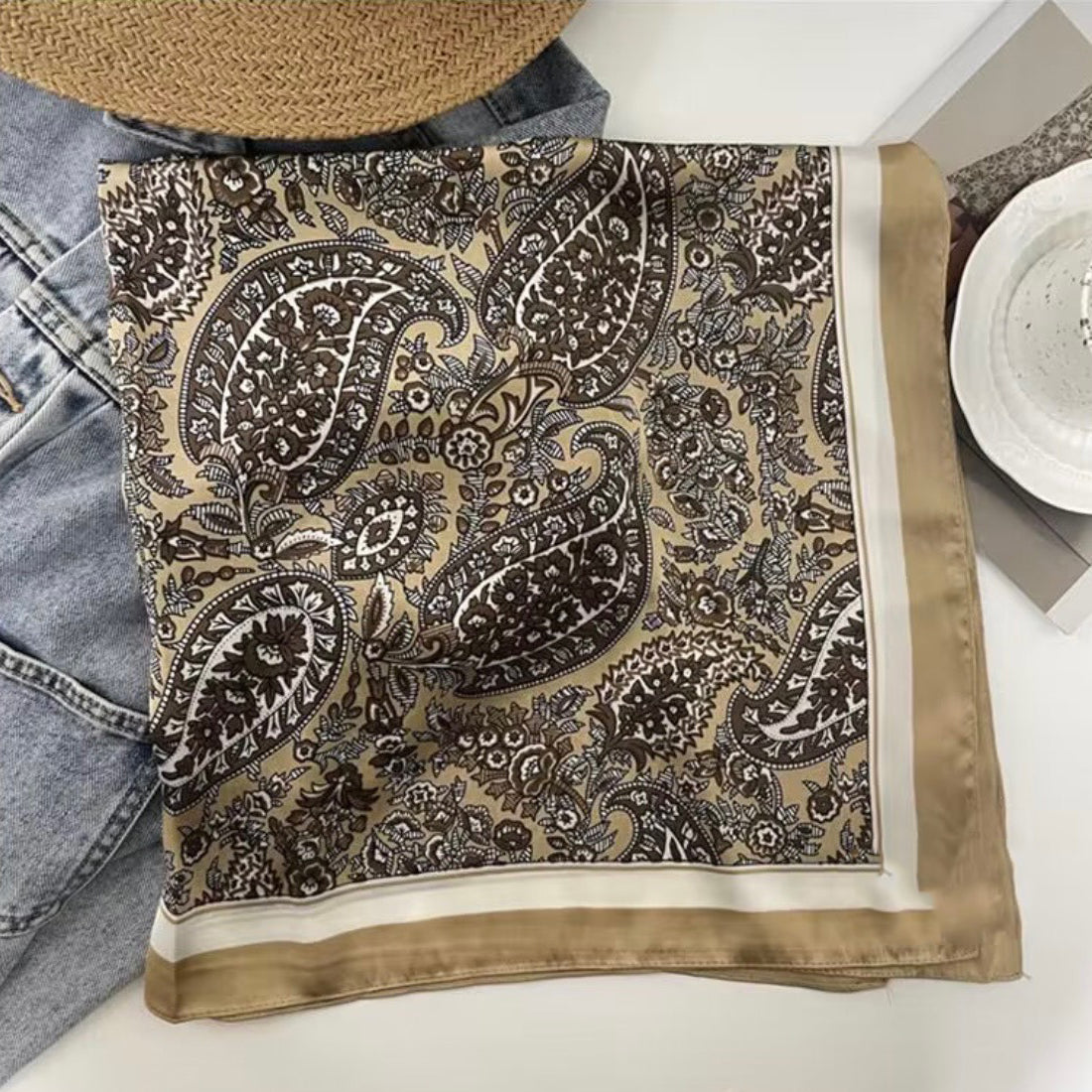 865805 Skjerf, lite skjerf med paisley mønster -beige