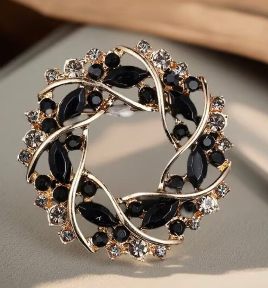 868001 Broche -Krans med strass stener - svart/sølv