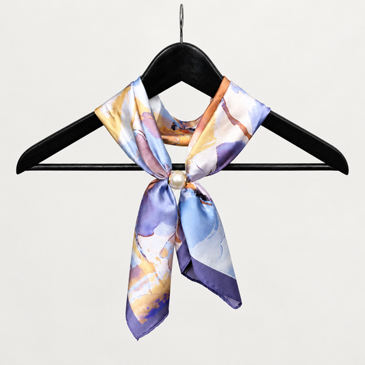 929041  Skjerf, Lite skjerf med perle-magnet og blomsterprint - marineblå